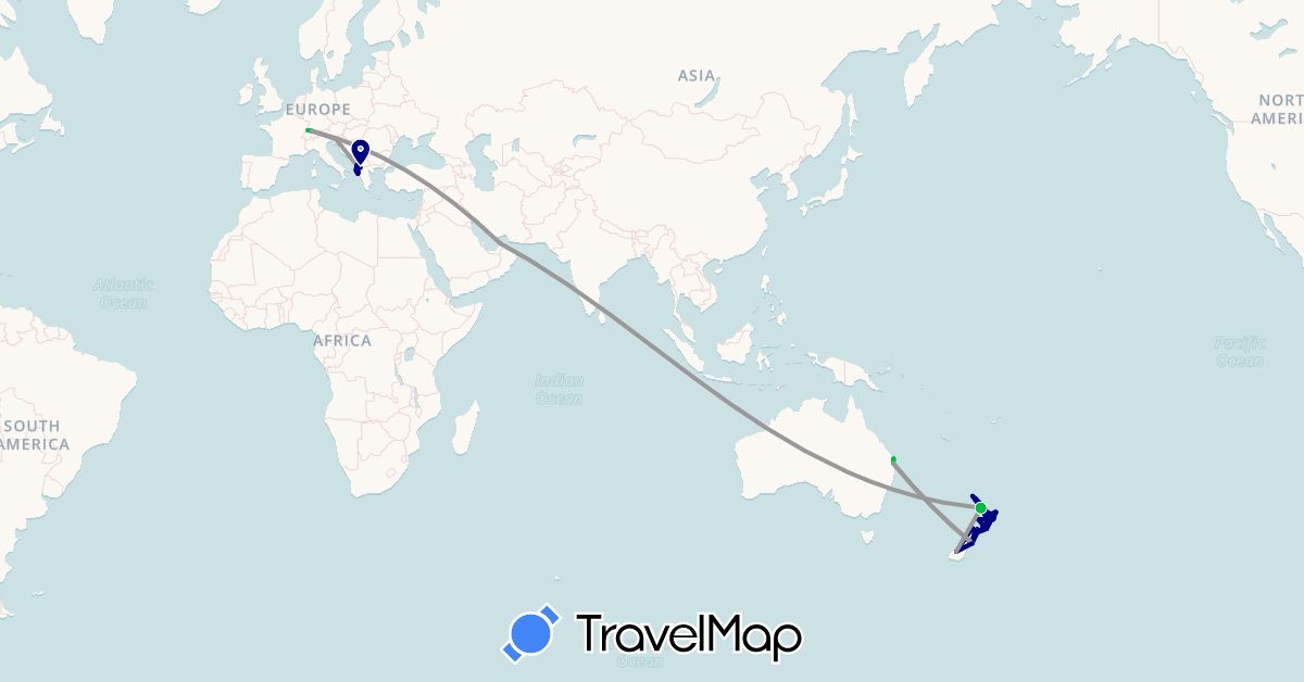 TravelMap itinerary: driving, bus, plane, train, hiking, boat in United Arab Emirates, Albania, Australia, Switzerland, New Zealand, Slovenia (Asia, Europe, Oceania)